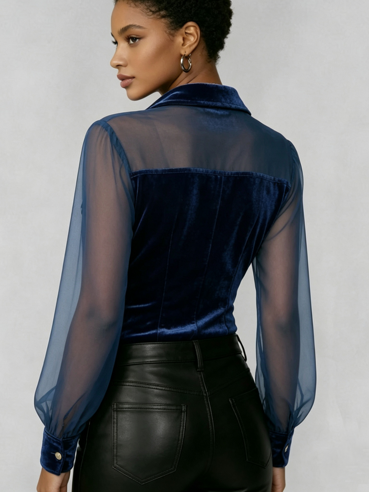 Elegant And Sexy Velvet Shirt With Mesh Sheer Sleeves