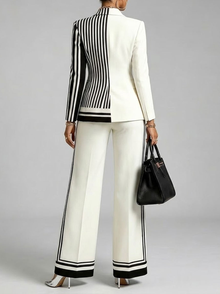 Chic And Sharp Color-blocked Striped Blazer And Trousers Two-piece Set