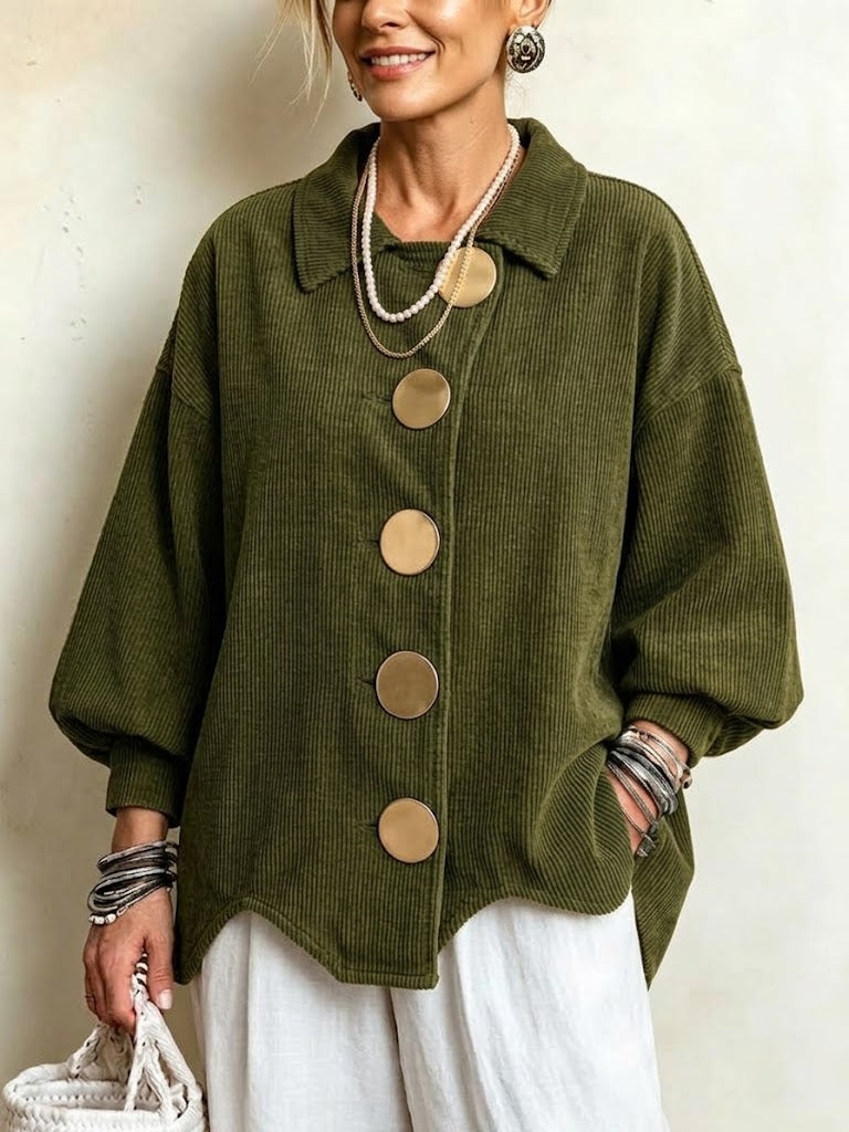 Oversized Corduroy Jacket With Large Lapels And Oversized Metal Buttons