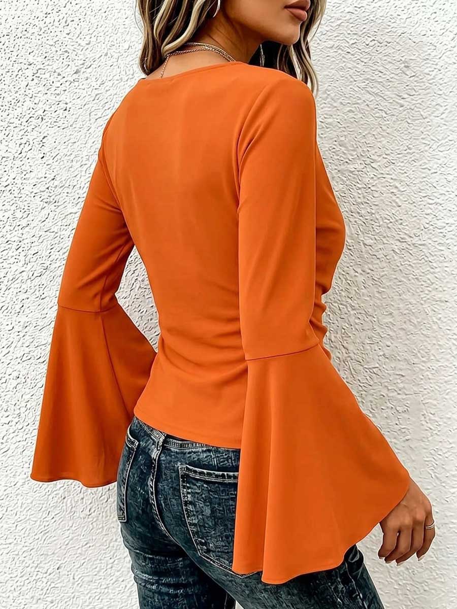 Women's Solid Color Long-sleeve Casual Loose-fit Top With Cowl Neck, Ruched Details, And Asymmetrical Hem