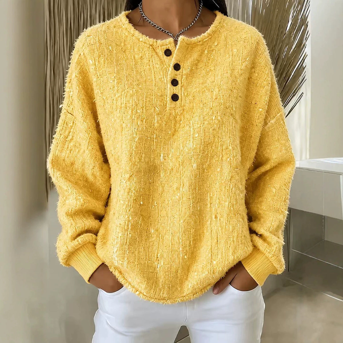 Chic Textured Henley Sweatshirt In Mixed-color Chunky Yarn