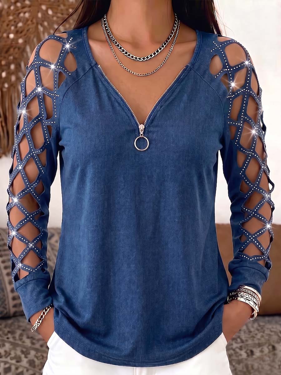 Women's V-neck Hollowed-out Long-sleeved Casual Loose Denim Top