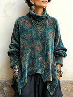 Women's Vintage Print High-neck Long-sleeve Loose-fit Velvet Top