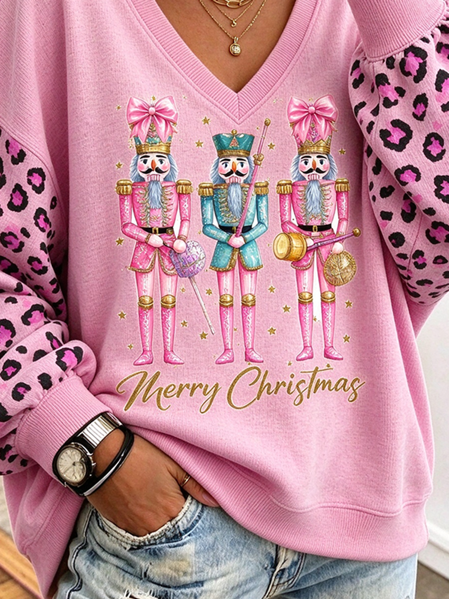 Cozy Pink Leopard Nutcracker Christmas Sweatshirt