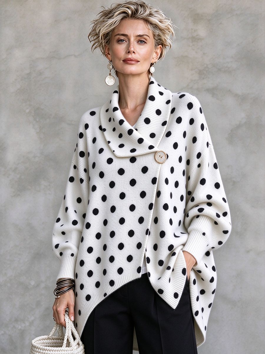 Oversized Polka Dot Asymmetric Knit Cardigan Sweater
