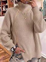 Women's Solid-Color High-Neck Long-Sleeve Loose-Fit Knit Top with Toggle Zipper