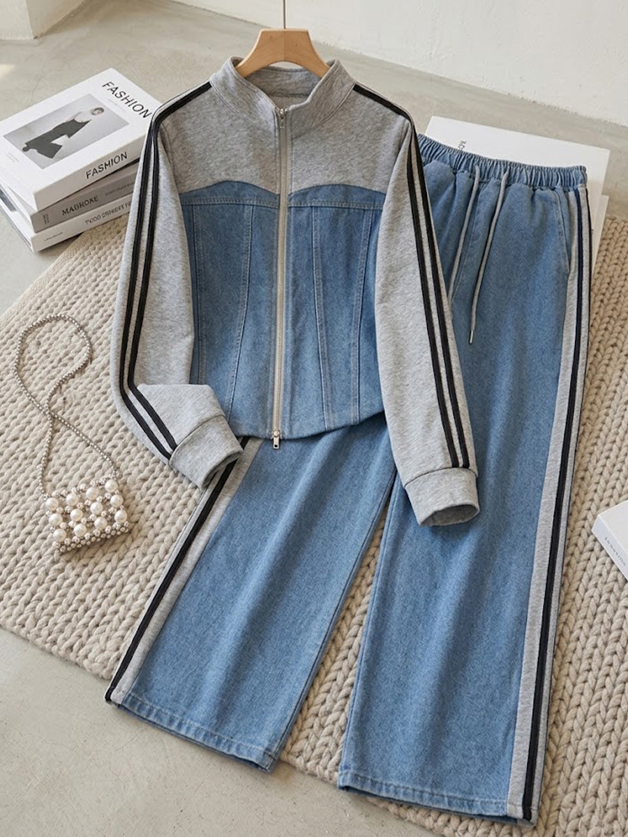 Two-piece Set: Denim-paneled Top And Wide-leg Trousers