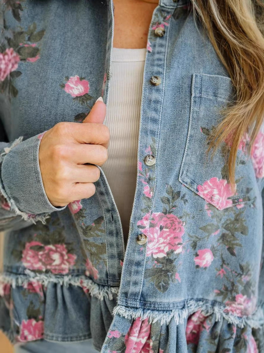 Lapel Floral Print Frayed Ruffle Hem Loose Denim Jacket