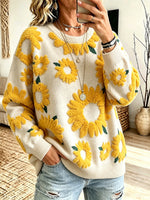 Casual And Comfortable Crew-neck Knit Top With 3d Sunflower Jacquard