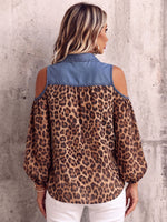Boho Leopard Print Patchwork Denim Chiffon Shirt