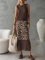 Color Block Leopard Splice Round Neck Sleeveless Hollow Knit Loose Midi Tank Dress