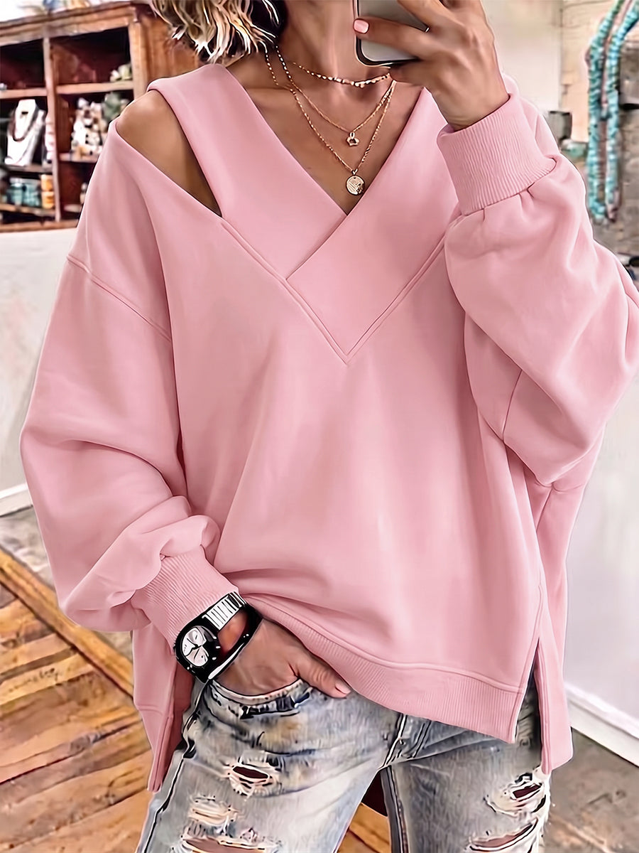 Chic Cutout V-Neck Oversized Sweatshirt