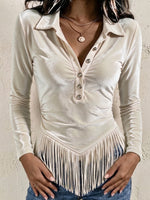 Velvet Long-sleeve Shirt With A Fold-over Collar, Partial Button Placket, Tassels, And A Cinched Waist