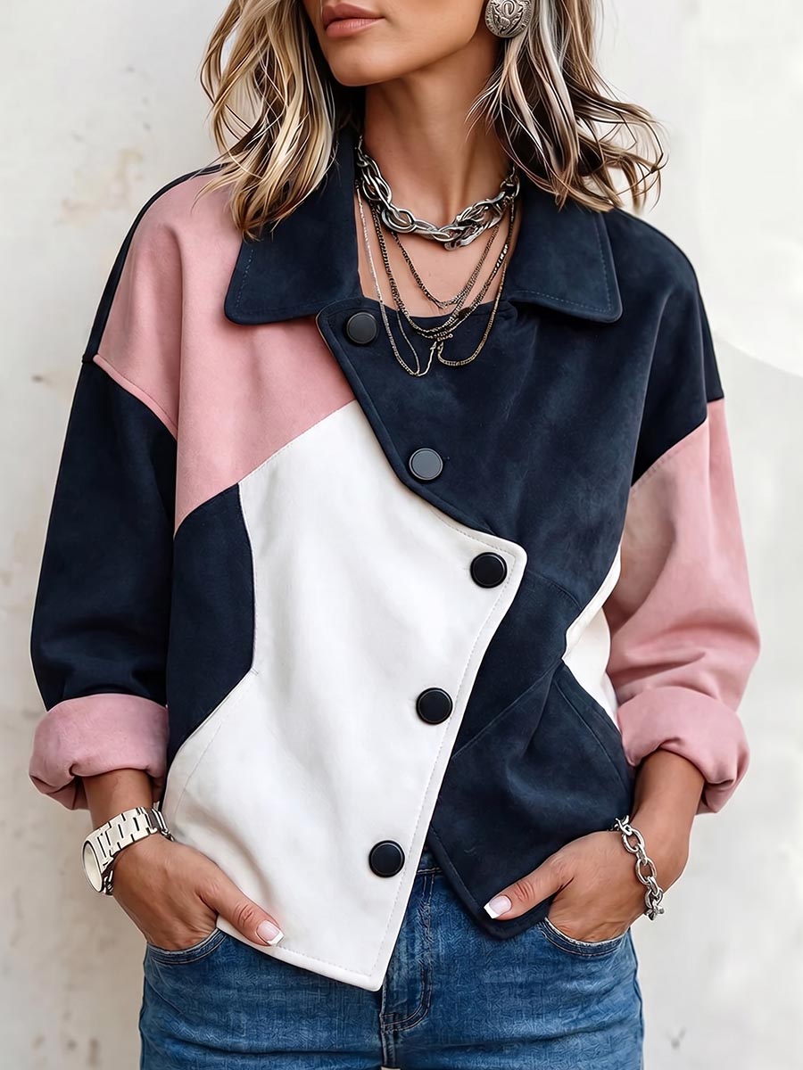 Women's Lapel Long-Sleeve Loose-Fit Color-Block Panel Casual Jacket