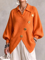 Asymmetric Button-front Knit Top With Lantern Sleeves
