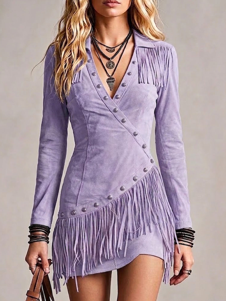 Lapel Asymmetric-button Suede Fringe Dress