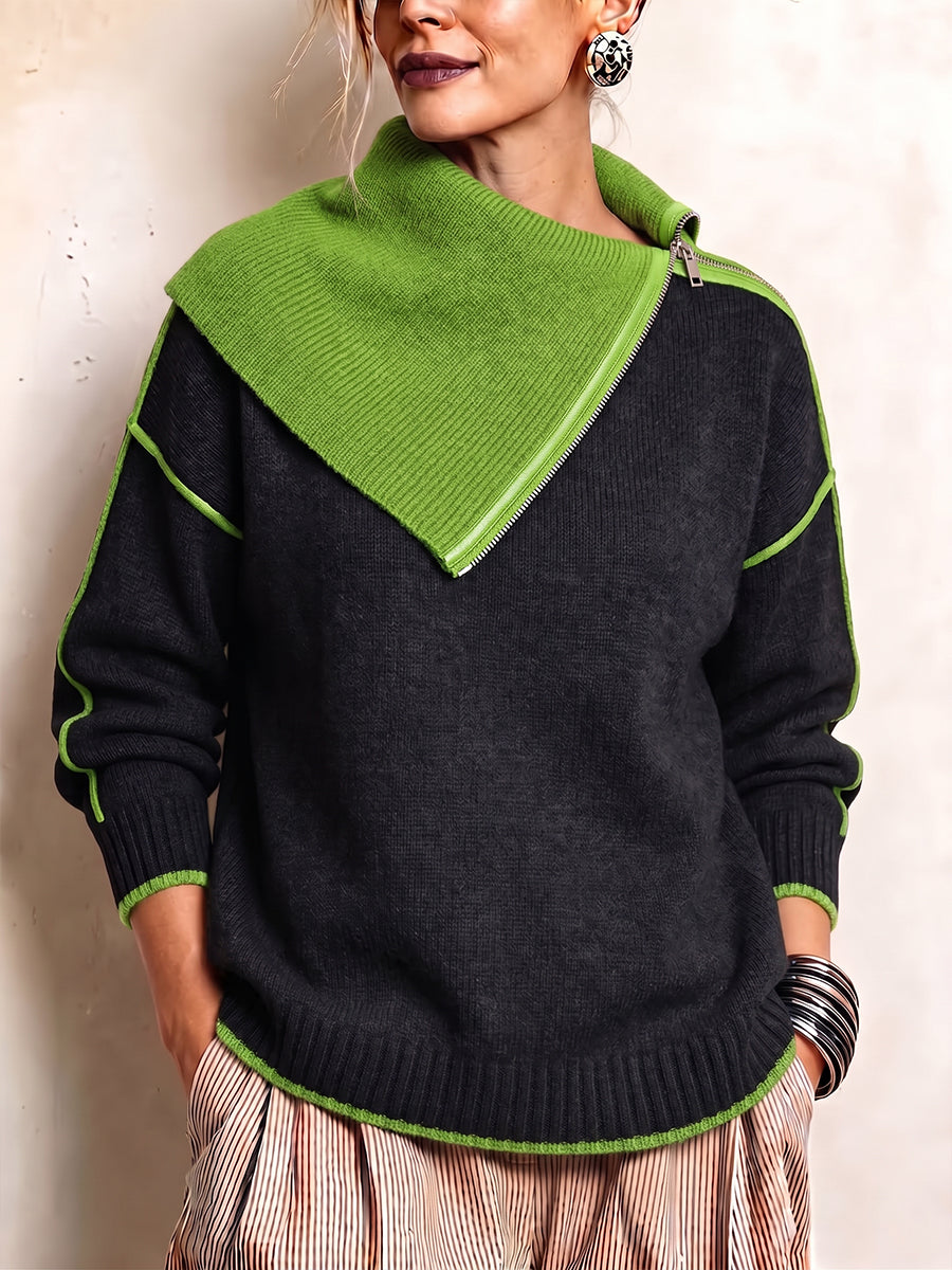 Contrast Trim Asymmetric Zip Knit Pullover