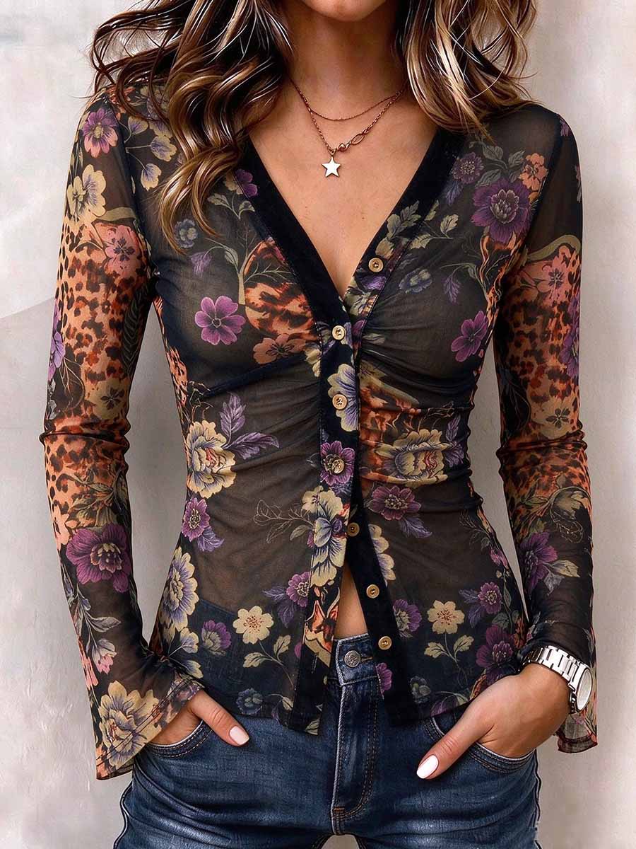 Women's Mesh Floral Leopard Print V-Neck Button Front Shirt