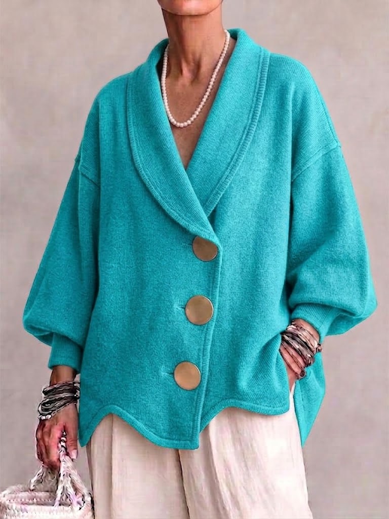 Oversized Knit Cardigan Featuring Large Metal Buttons, A Shawl Collar, And An Asymmetrical Hem