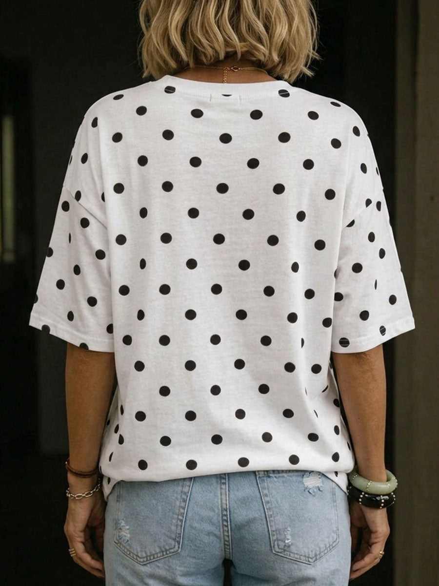 Women's Polka Dot Print Round Neck Short-sleeved Casual Loose Cotton Top
