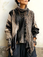Women's Abstract Print High-neck Long-sleeve Loose-fit Velour Top