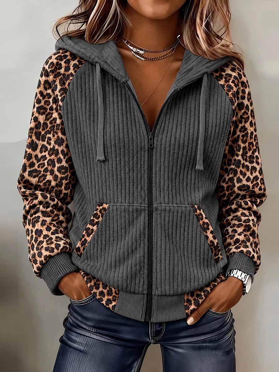 Women's Grey Corduroy Zip-Up Hoodie with Leopard Contrast