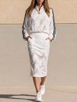Women's Stand Collar Long Sleeve Casual Loose Color-blocked Lace Cardigan High Waist Casual Loose Straight Skirt Set