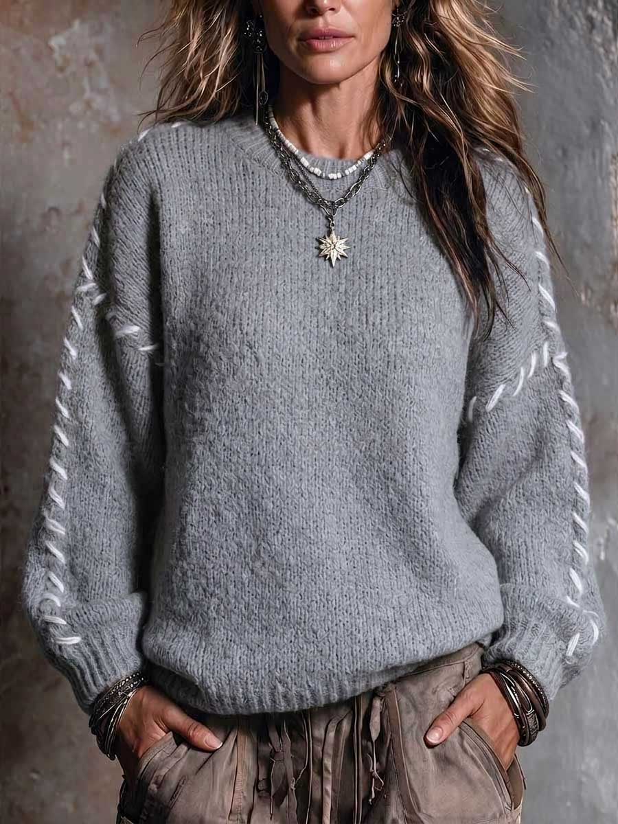 Women's Round Neck Long-sleeved Casual Loose Handmade Color-blocked Pullover Knit Sweater