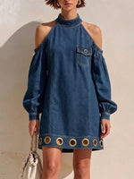 Halter Cold‑shoulder Metal Eyelet Denim Mini Dress