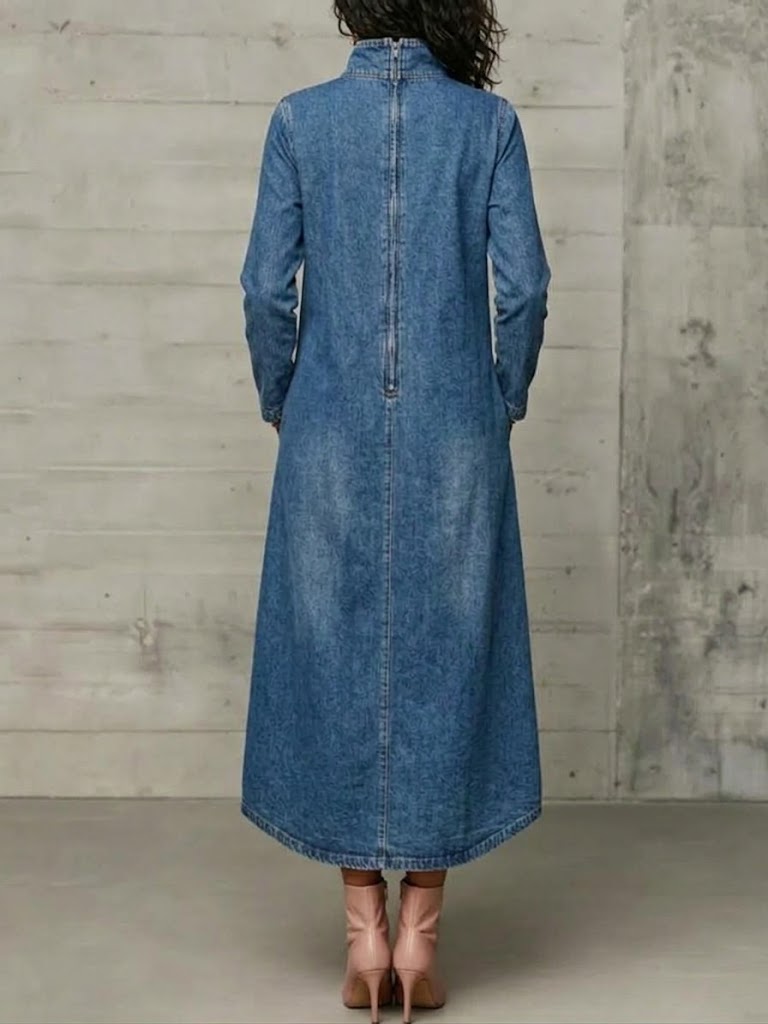 High Neck Diagonal Button Large Pocket Denim Maxi Dress
