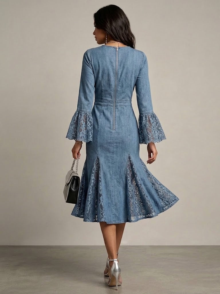Stylish Denim Dress With Lace Paneling And Mermaid Hem
