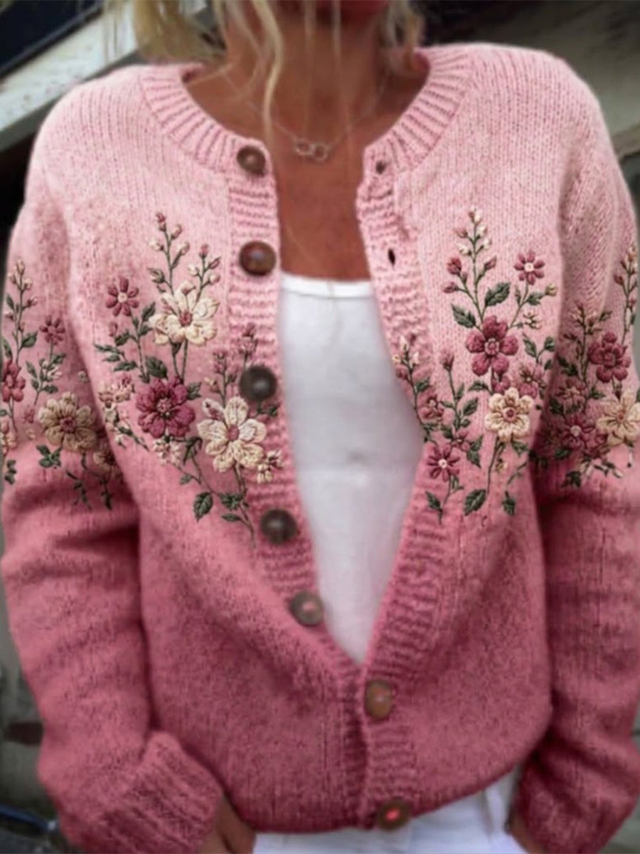 Gradient Floral Crew-neck Button-front Knit Cardigan