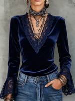 Elegant Lace Trim Velvet Flare Sleeve Top
