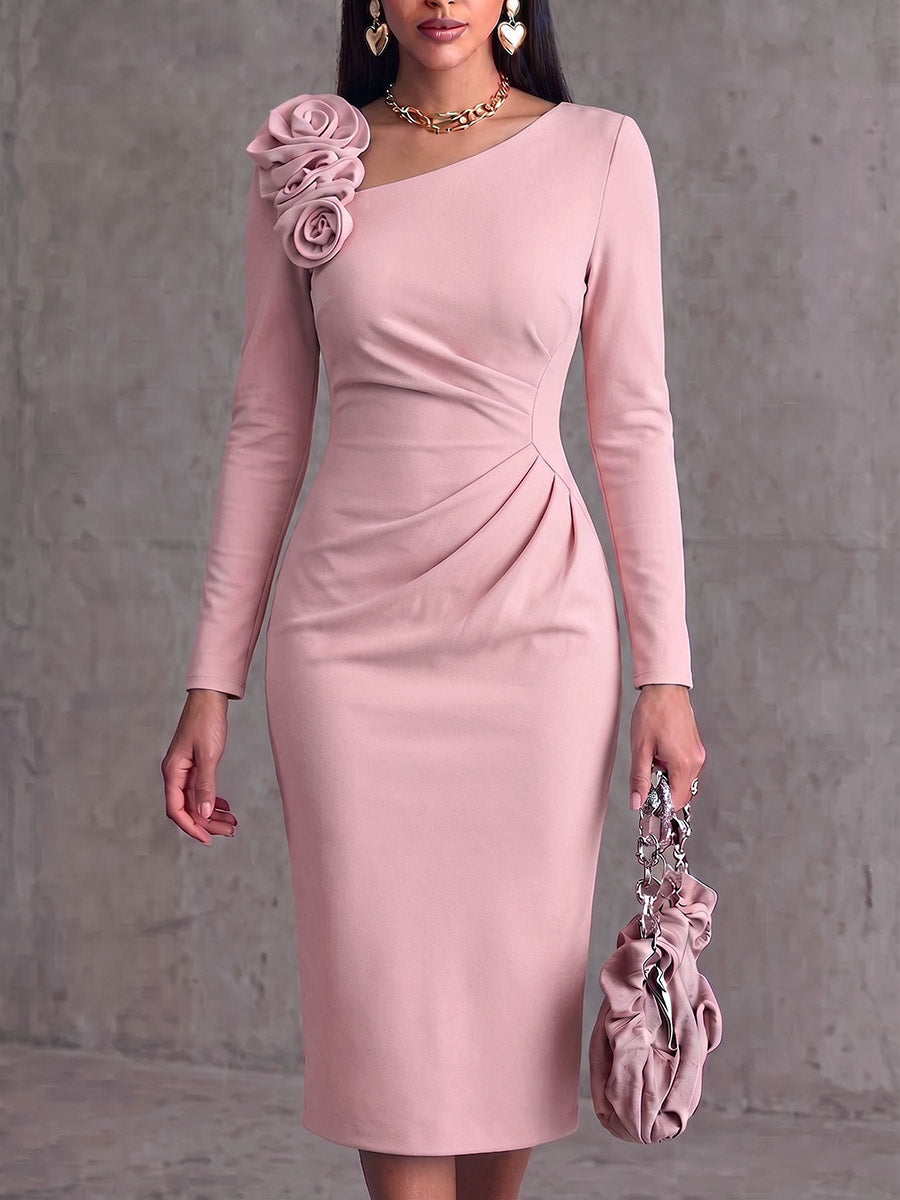 Women's Solid Color Asymmetrical Neckline 3d Rose Long Sleeve Casual Loose Dress