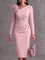 Women's Solid Color Asymmetrical Neckline 3d Rose Long Sleeve Casual Loose Dress