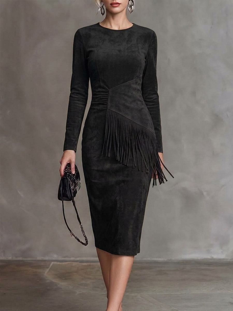 Women's Solid Color Crew Neck Long-sleeve Slim-fit Casual Dress With Tassels