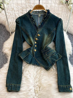 Vintage-style Ruffled Denim Top And Pants Two-piece Set