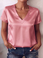 Elegant And Casual V-neck Satin Short-sleeved Shirt