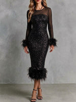 Sequin And Mesh Midi Dress With Feather Trim And Bodycon Fit