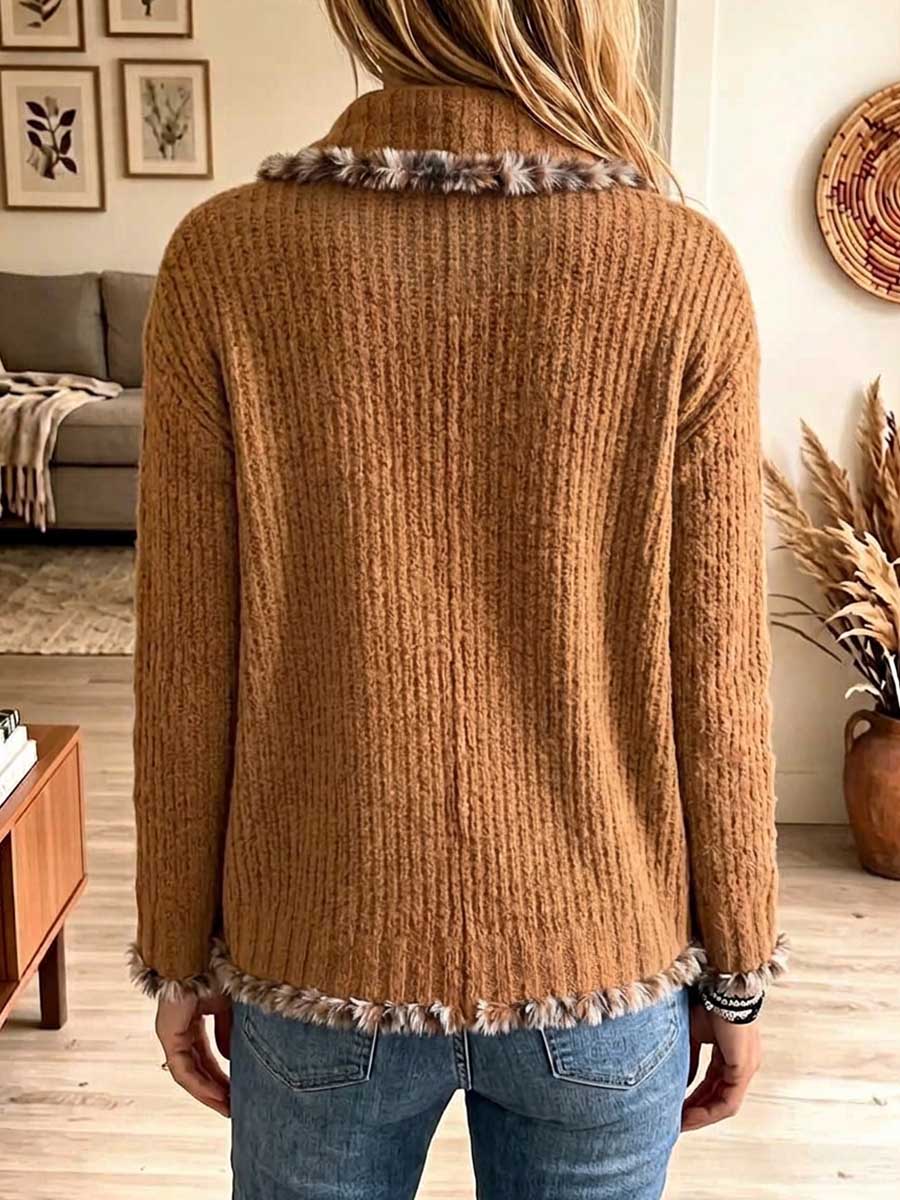 Women's Brown Textured Knit Button-down Cardigan With Faux Fur Trim