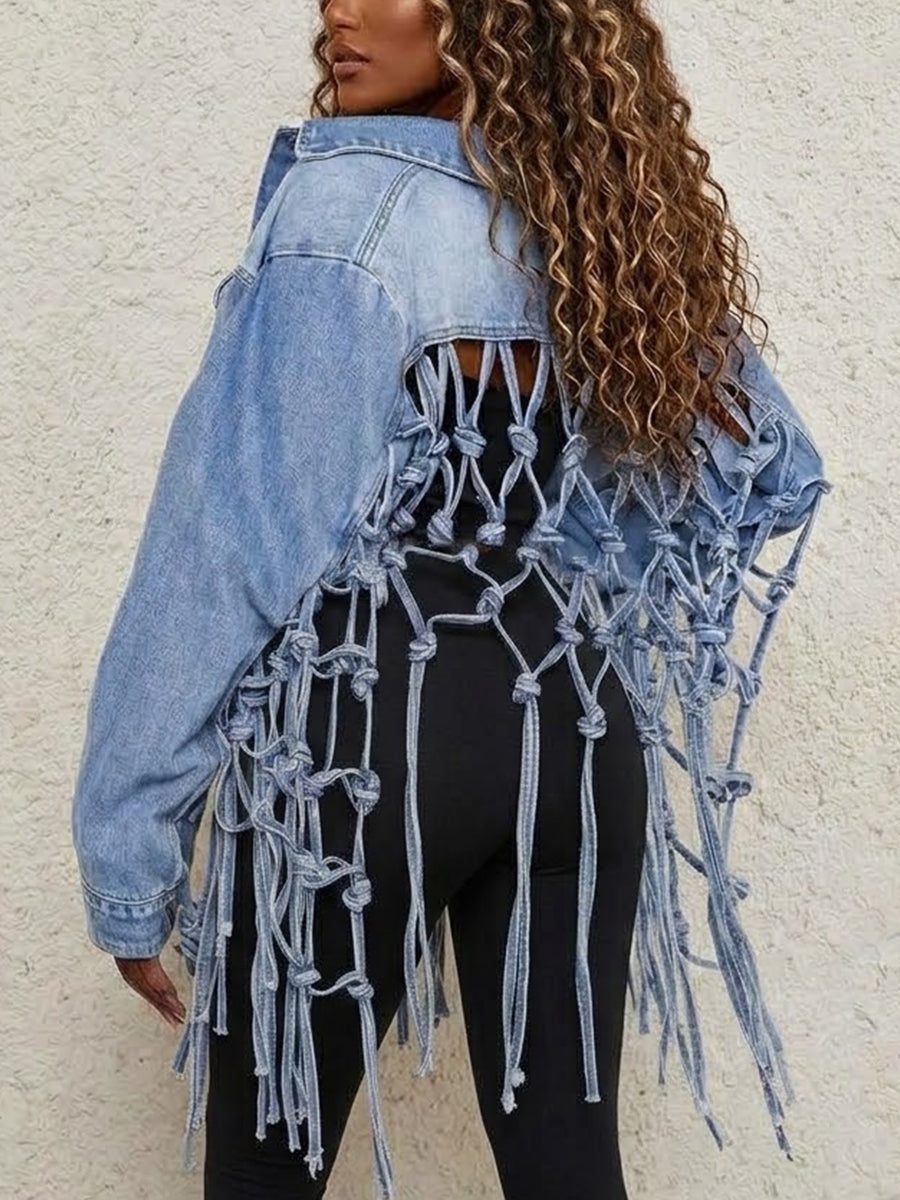 Lapel Back Braided Knot Fringe Cut‑out Loose Denim Jacket