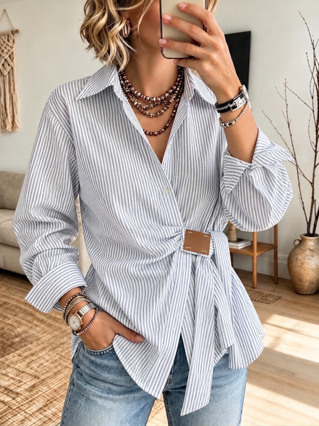 Chic Casual Striped Cotton Shirt With Tie-front Detail