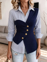 Chic Asymmetric Colorblock Striped Two-In-One Blouse