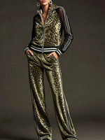 Women's Leopard Print Velvet Set: Long-sleeve Stand-collar Jacket With Mesh Paneling & High-waisted Wide-leg Pants (relaxed Fit)