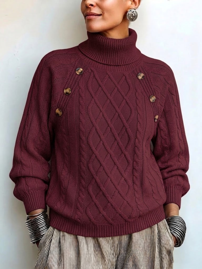 Casual Solid-color Cable-knit Turtleneck Pullover Sweater With Lantern Sleeves