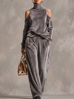 Women's Solid Color Stand Collar Off-shoulder Long Sleeve Casual Loose Velvet Top And High-waisted Wide-leg Casual Pants Velvet Set