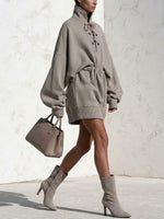 Women's Solid Color Stand-collar Long-sleeve Casual Loose Cut-out Lace-up Sweatshirt Dress