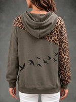 Women's Leopard Print Color Block Hoodie With Flying Birds Graphic