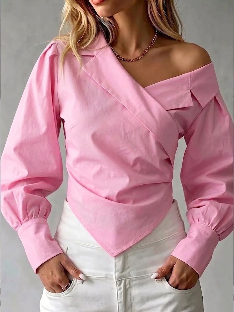 Asymmetric Off-shoulder Shirt With A Folded Collar, Fitted Waist, And Pointed Hem