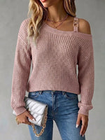 Casual Off-shoulder Pullover Sweater With Metal Buckle And Lantern Sleeves